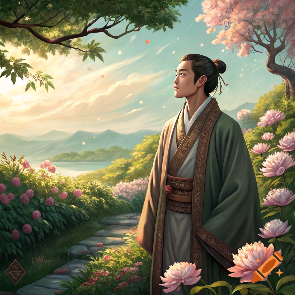 An East Asian man in traditional green and white robes stands in a lush garden with pink peonies and cherry blossoms under a sunrise sky.
