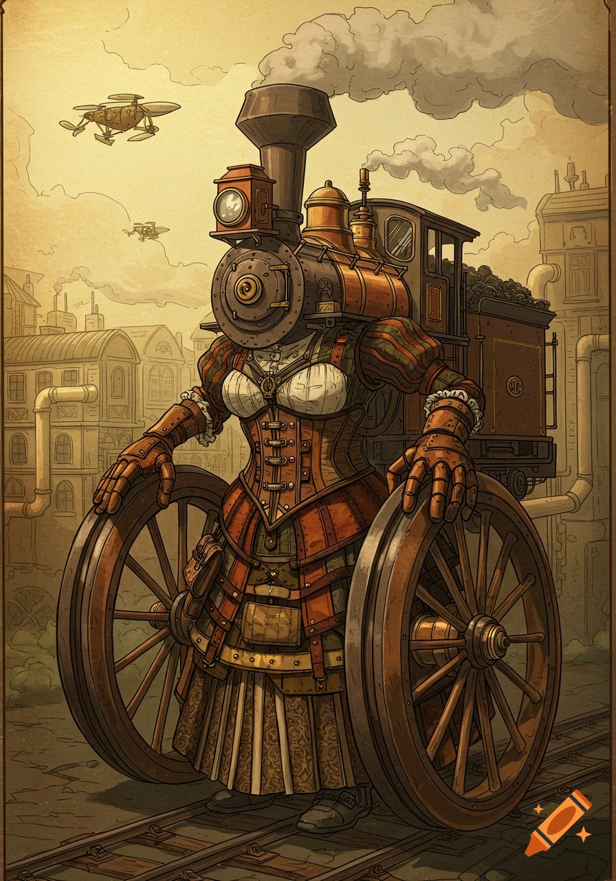 Detailed steampunk illustration of an anthropomorphic train woman with a smokestack head, ornate corset, and large wooden wheels.