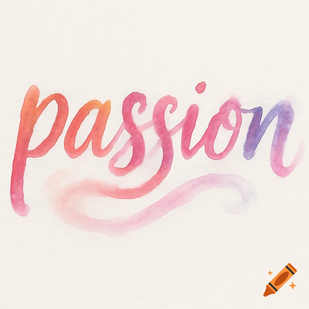 The word 'passion' in colorful watercolor script against a light background.