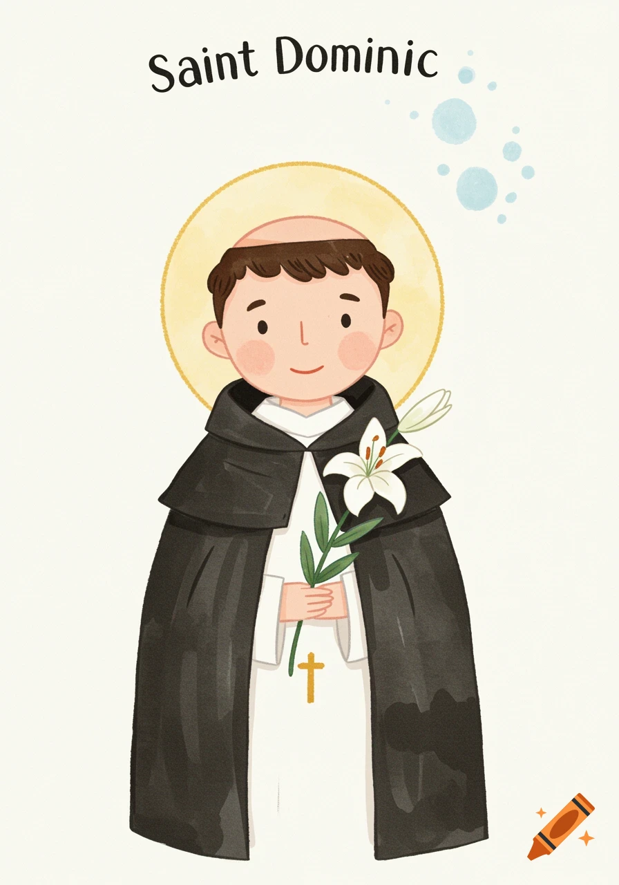 Child-friendly watercolor illustration of Saint Dominic with a halo, wearing a black cloak over a white habit, holding a lily and a cross.
