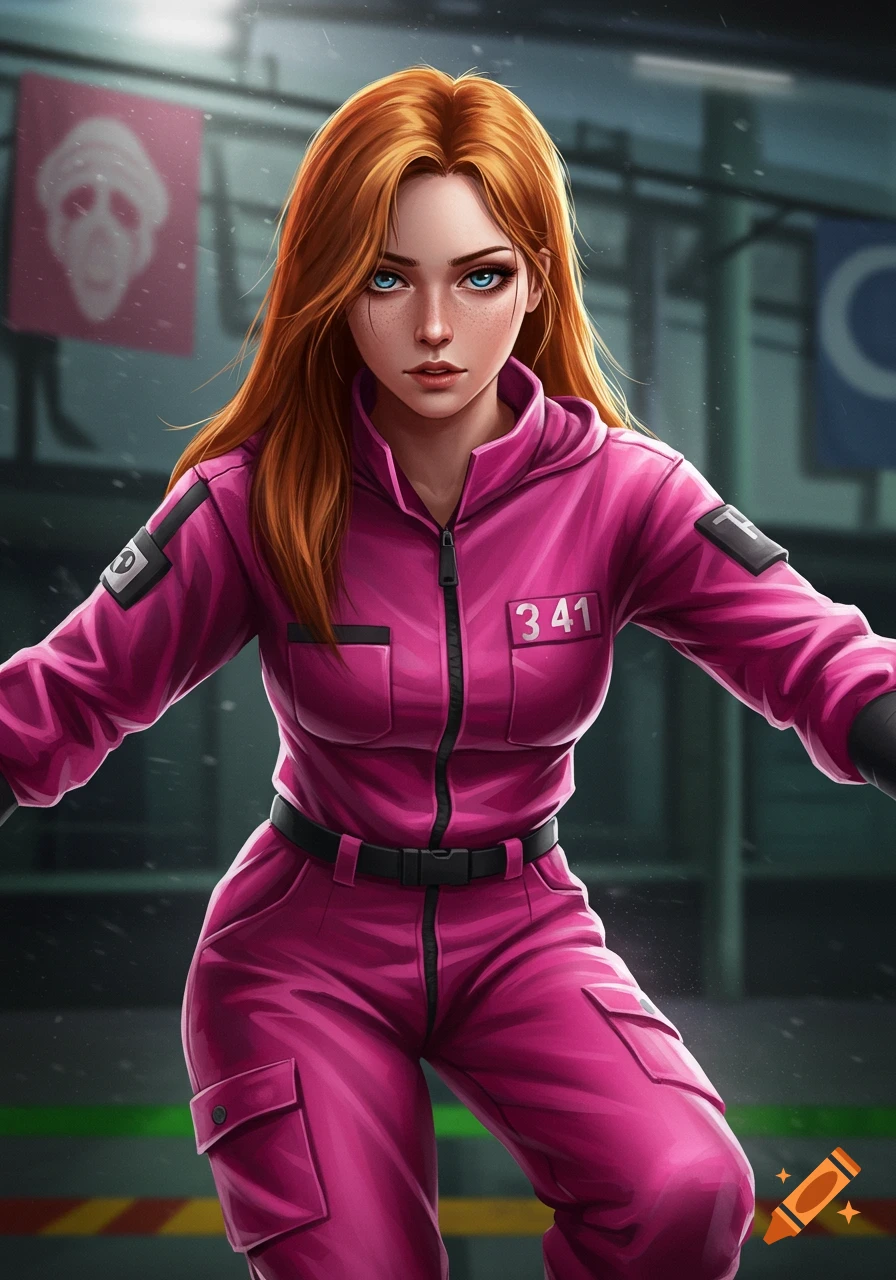 A stylized illustration of a woman with red hair and blue eyes, wearing a pink Squid Game jumpsuit, standing in an industrial-looking setting.