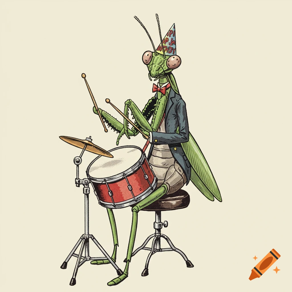 Vintage color illustration of a friendly green mantis in a suit and birthday hat, playing a red drum on a stool.