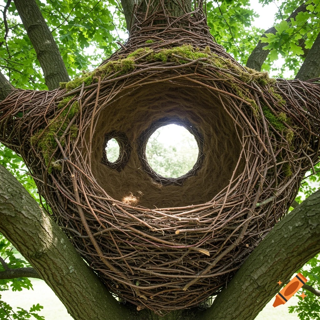 A large, intricate tree house shaped like a bird's nest, made of branches and moss, nestled high in a tree.