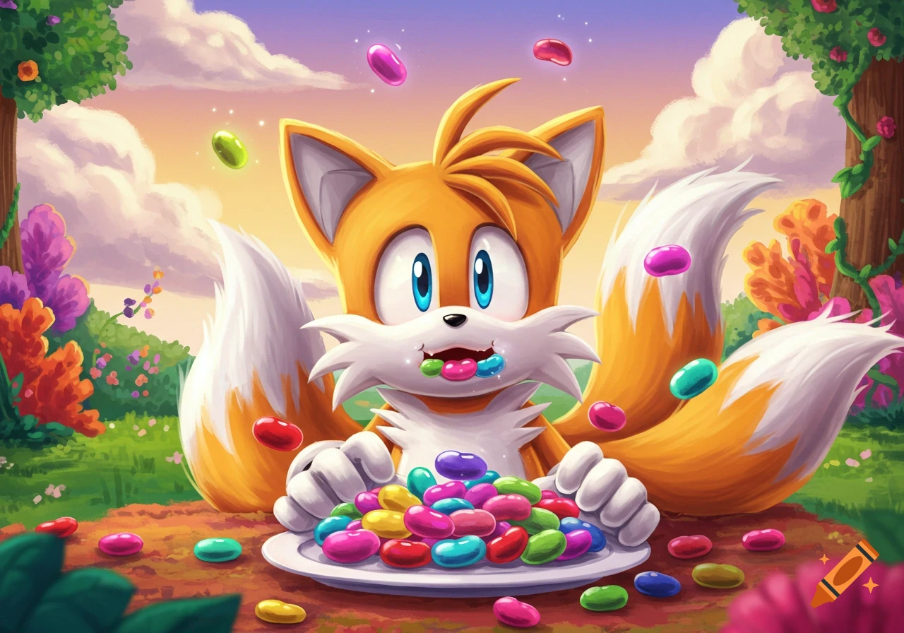 Tails the fox gleefully eats a pile of colorful jelly beans from a plate in a vibrant, magical forest.