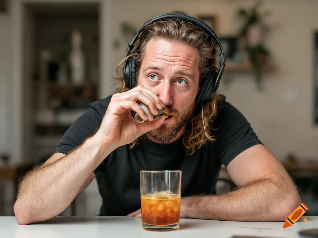 A man with curly hair and a beard, wearing headphones, sips a drink from a small glass, with a glass of iced amber liquid on a table.