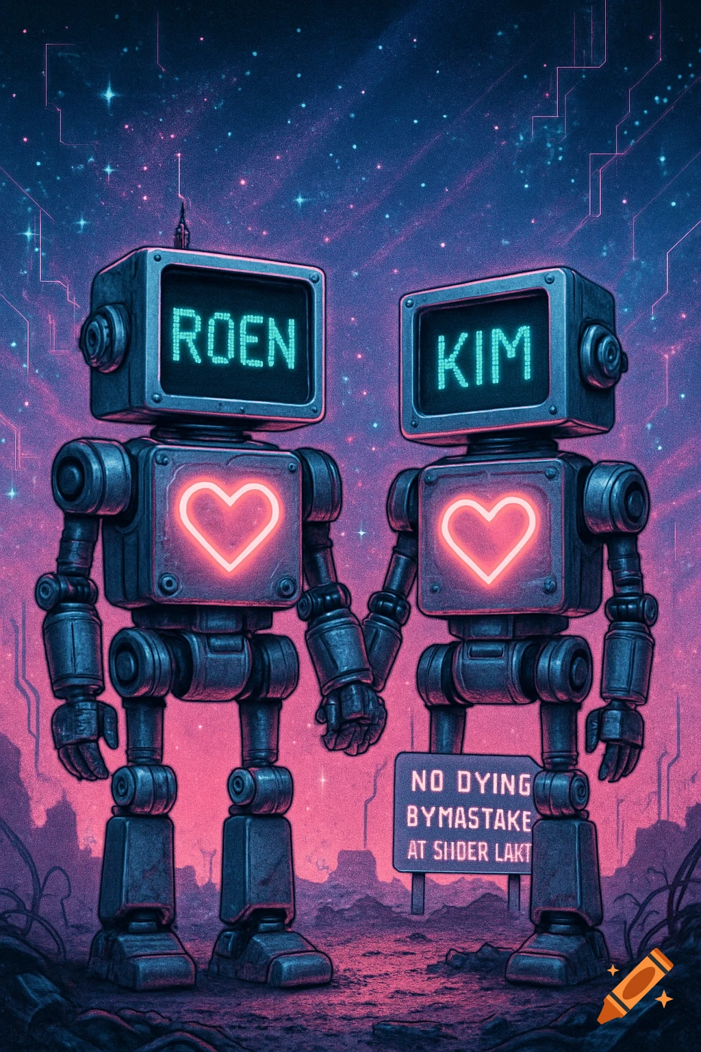 Two retro robots, one labeled 'ROEN' and the other 'KIM', hold hands with glowing hearts on their chests in a cosmic, post-apocalyptic landscape bathed in pink and blue light.