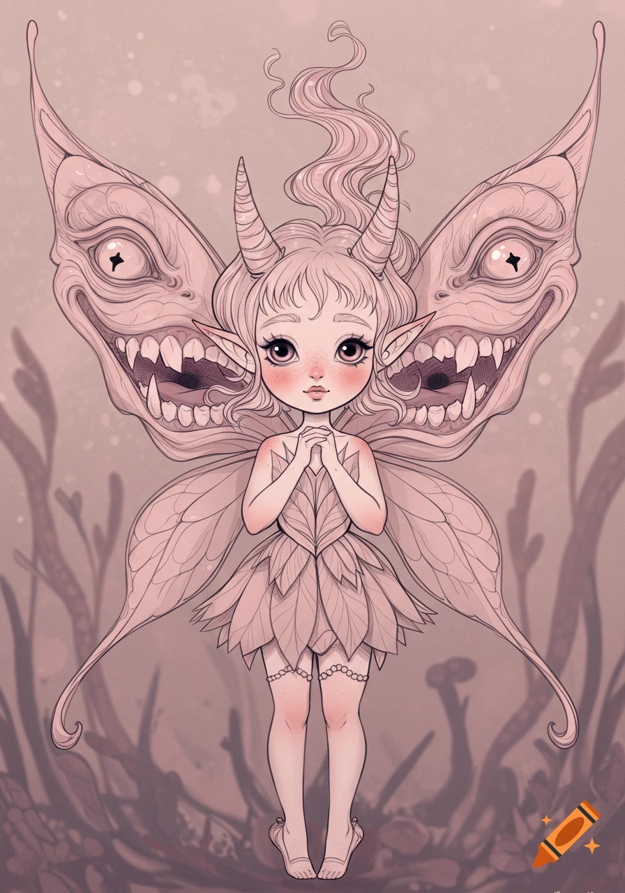 A cute fairy with horns and wings resembling monstrous faces, in a muted pink line art style.