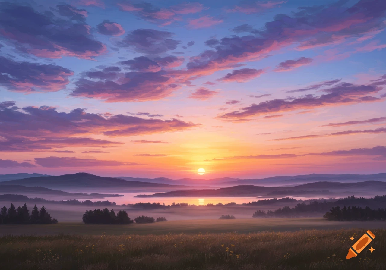 A vibrant oil painting of a sunrise or sunset over a misty landscape with mountains, a lake, and a field.