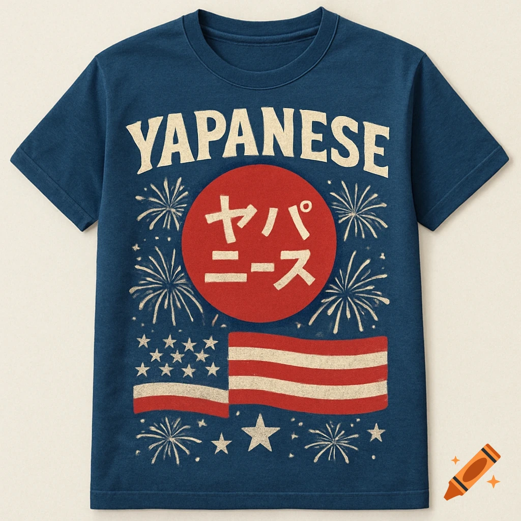 A blue t-shirt with a vintage-style graphic featuring the word "YAPANESE", a red circle with Japanese characters, a partial American flag, and fireworks.