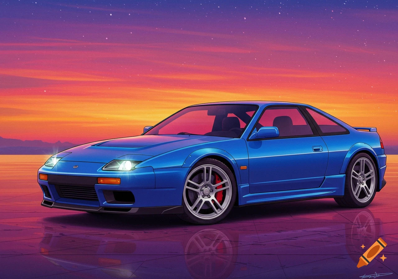 A blue sports car parked on a reflective surface against a vibrant orange and purple sunset sky in a synthwave art style.