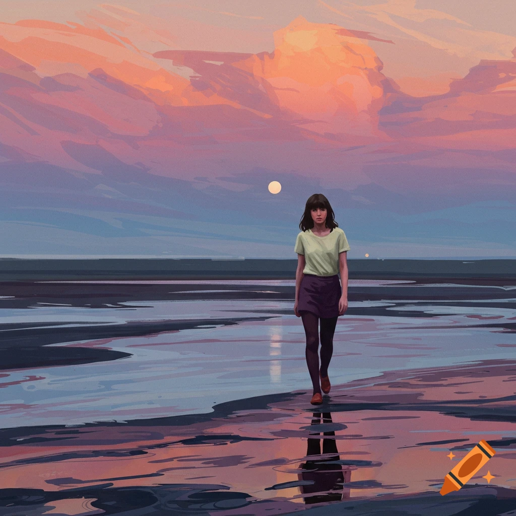 A woman in a light green shirt and dark skirt walks on a wet beach during a colorful sunset, with a full moon reflected in the water.