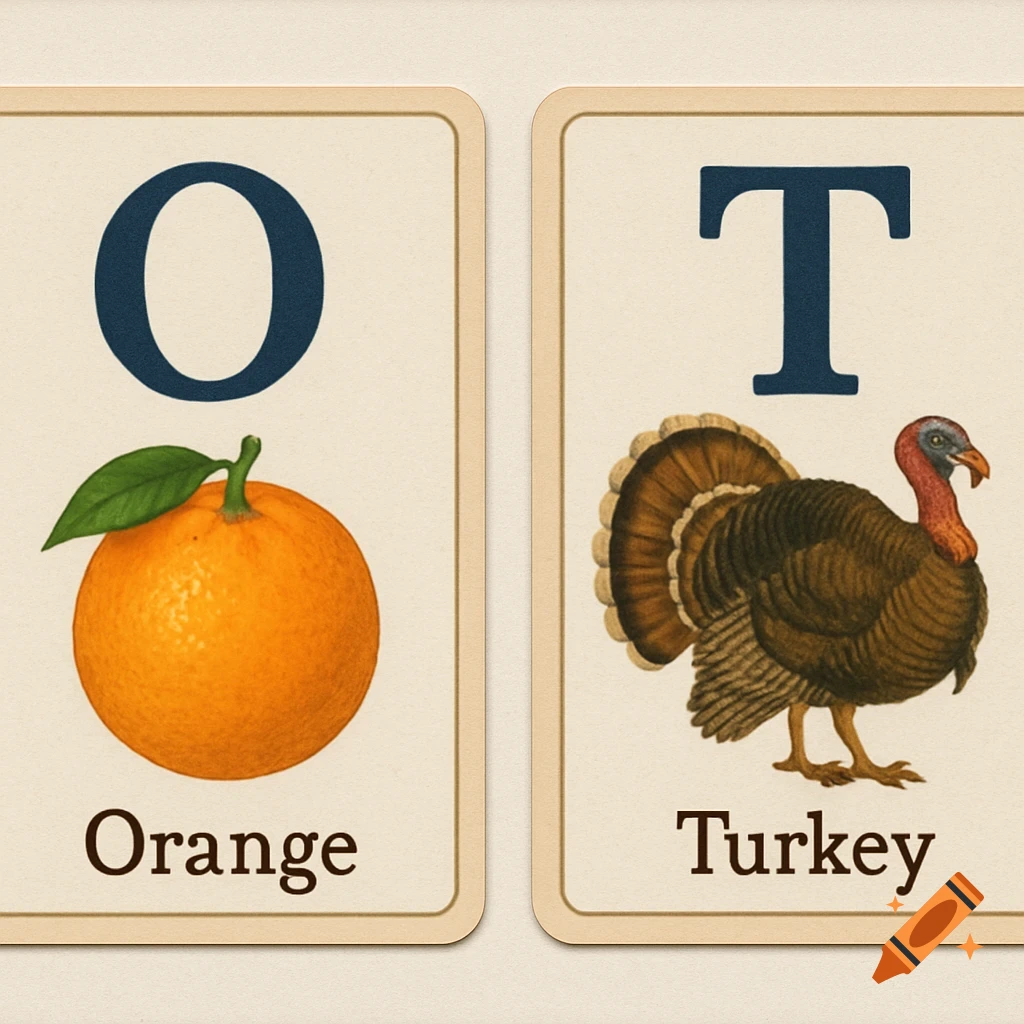 Two vintage-style alphabet cards. The first card shows a capital 'O' above an orange and the word 'Orange'. The second card shows a capital 'T' above a turkey illustration and the word 'Turkey'.