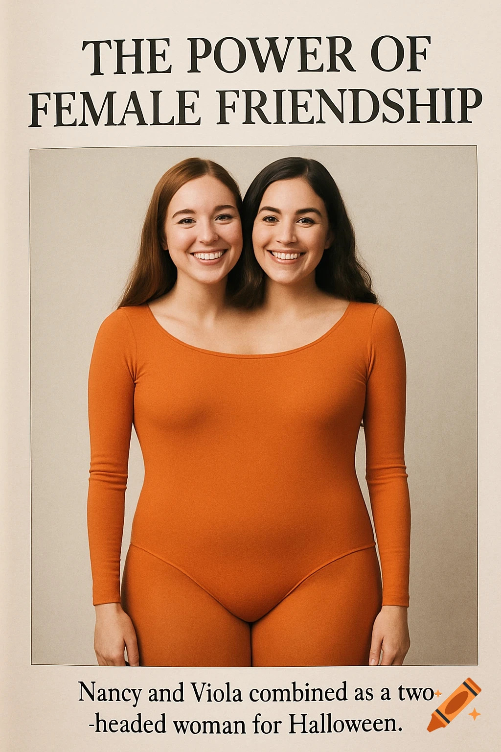 A two-headed woman in an orange leotard, with 'THE POWER OF FEMALE FRIENDSHIP' above and 'Nancy and Viola combined as a two-headed woman for Halloween' below.