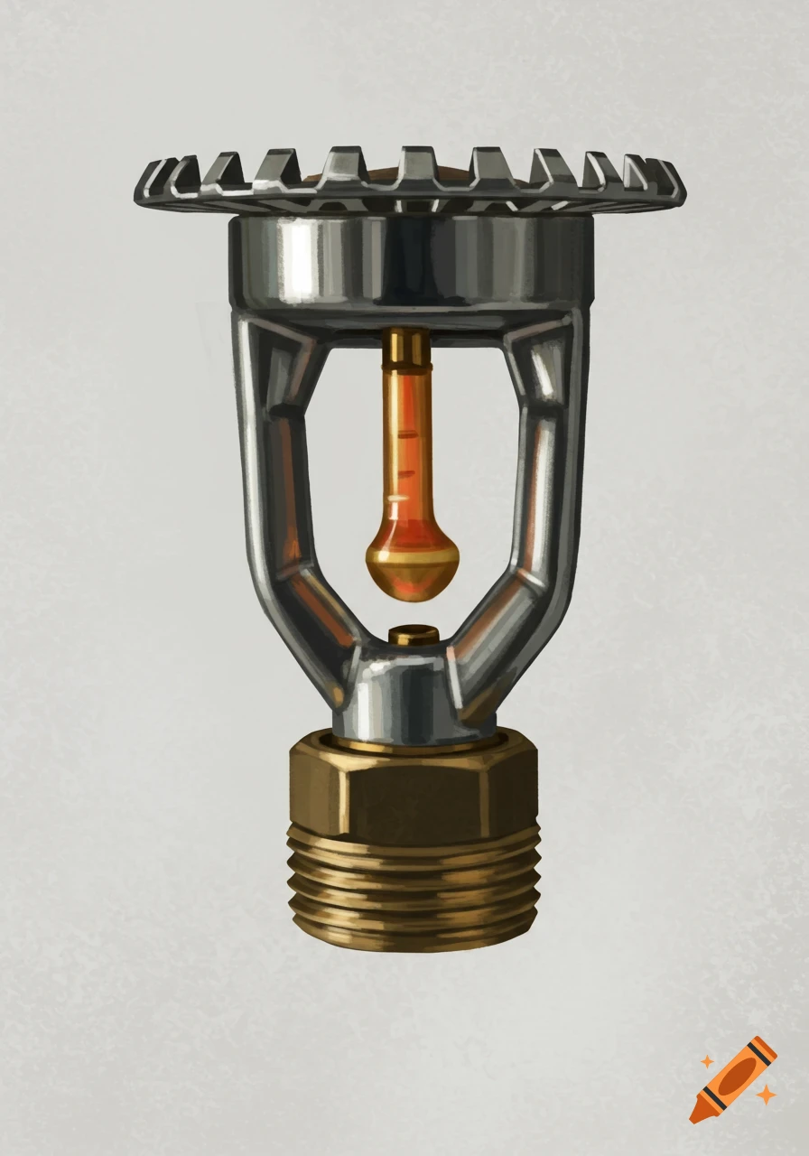 A close-up illustration of a fire sprinkler with a metal body and orange glass bulb.