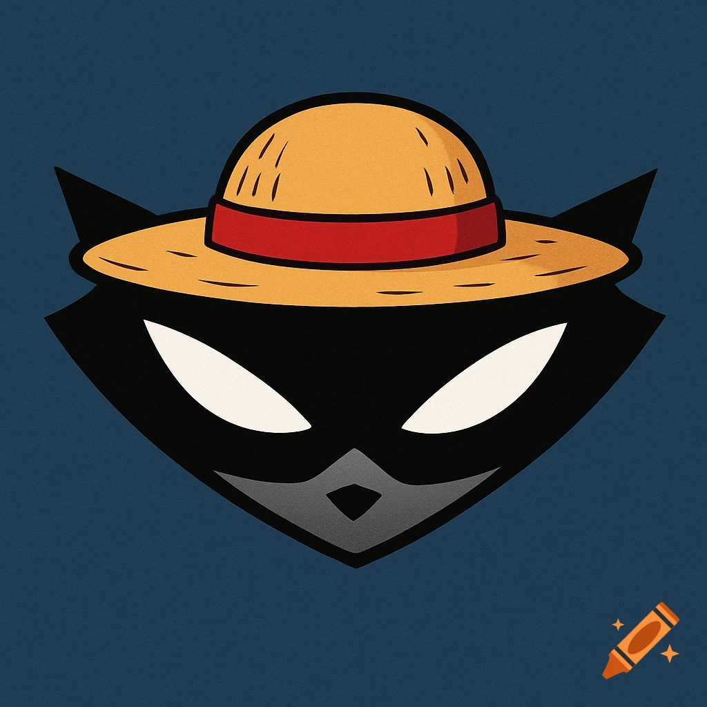 A stylized black raccoon head with white eyes, wearing a yellow straw hat with a red band, against a dark blue background.