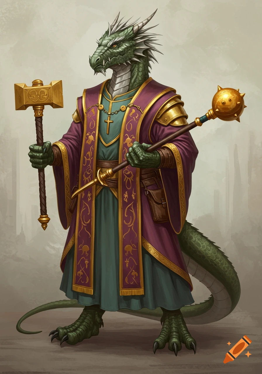 A reptilian cleric in purple and gold robes stands, holding a large golden warhammer and a mace.