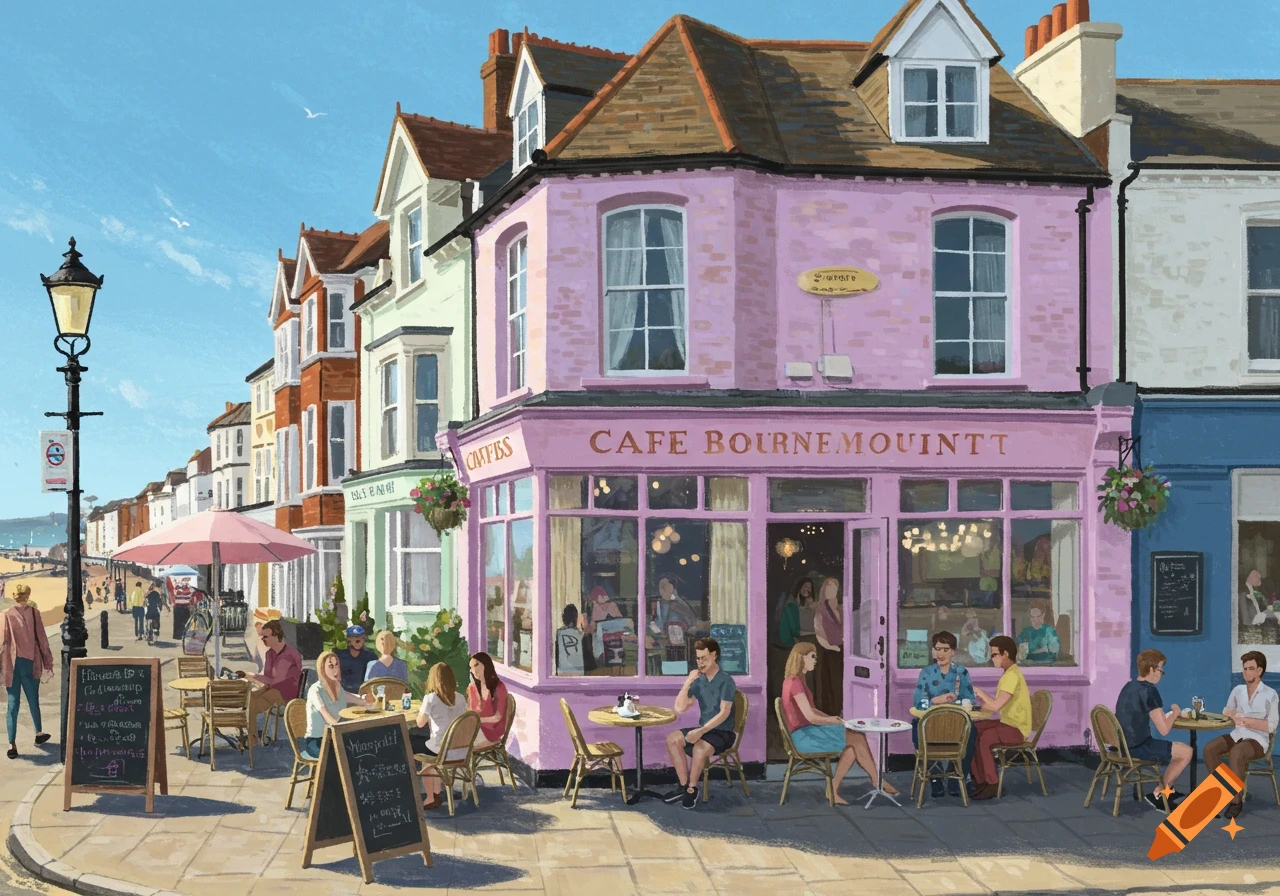 An illustrated street scene shows a pink cafe called Cafe Bourne Mountt with outdoor seating, people dining, and other colorful buildings stretching down a coastal street toward a beach.