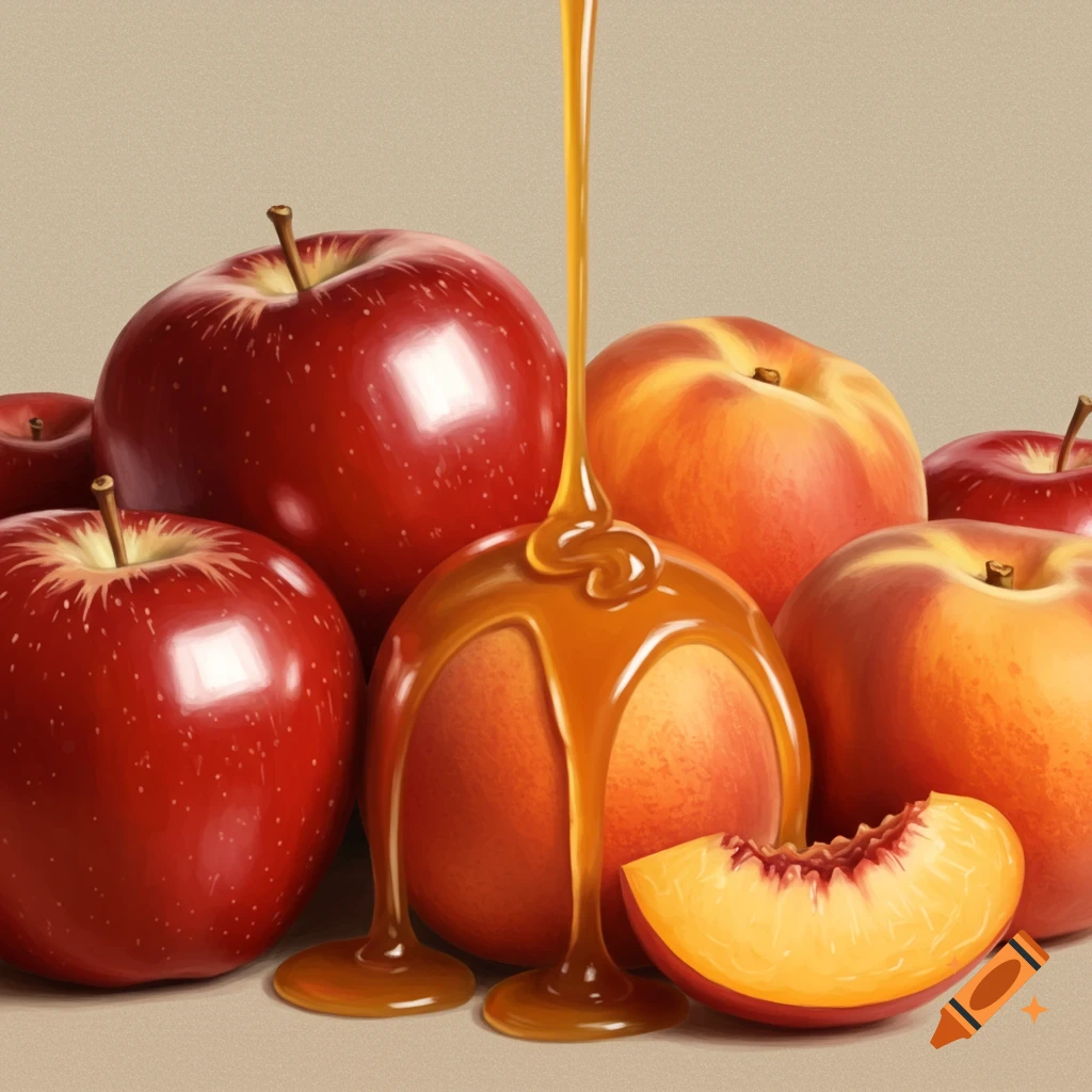 Red apples and orange peaches are arranged, with golden caramel pouring over one peach and pooling below. A slice of peach is in the foreground.