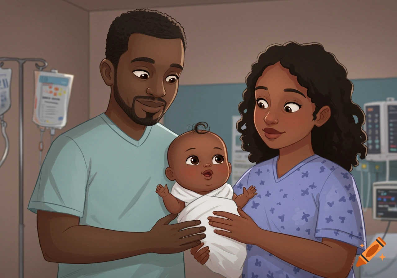 A happy African American couple holding their newborn baby in a hospital room, illustrated in a cartoon style.