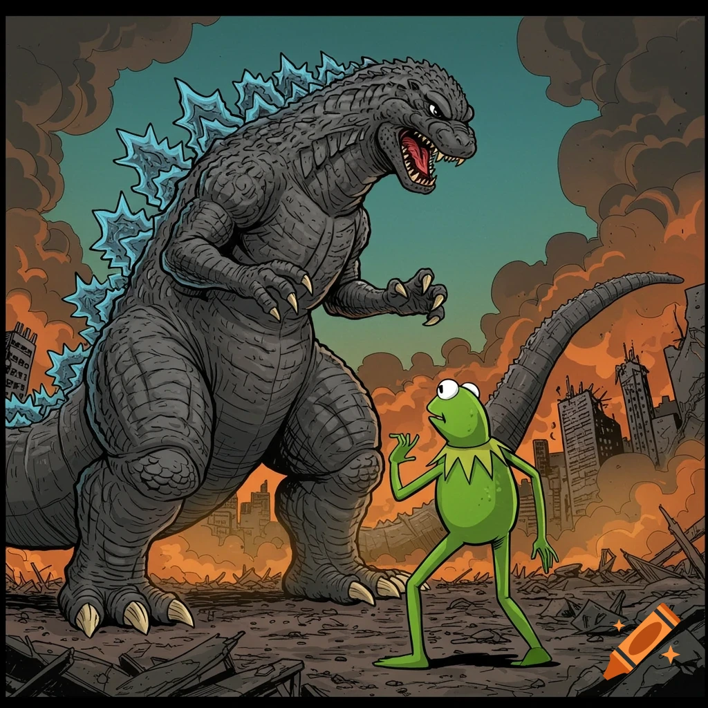 Godzilla roars at Kermit the Frog in a destroyed, smoking city, in a comic book style.