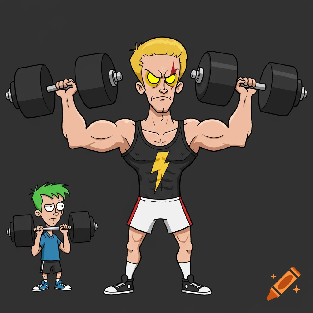 A cartoon depicts a small, struggling green-haired man lifting a light barbell next to a large, muscular blond man easily lifting two heavy dumbbells.