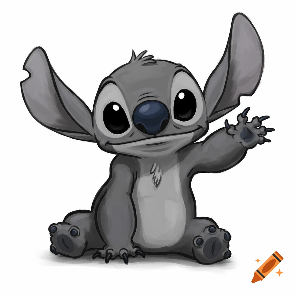 Grayscale illustration of Disney's Stitch alien character, sitting and ...
