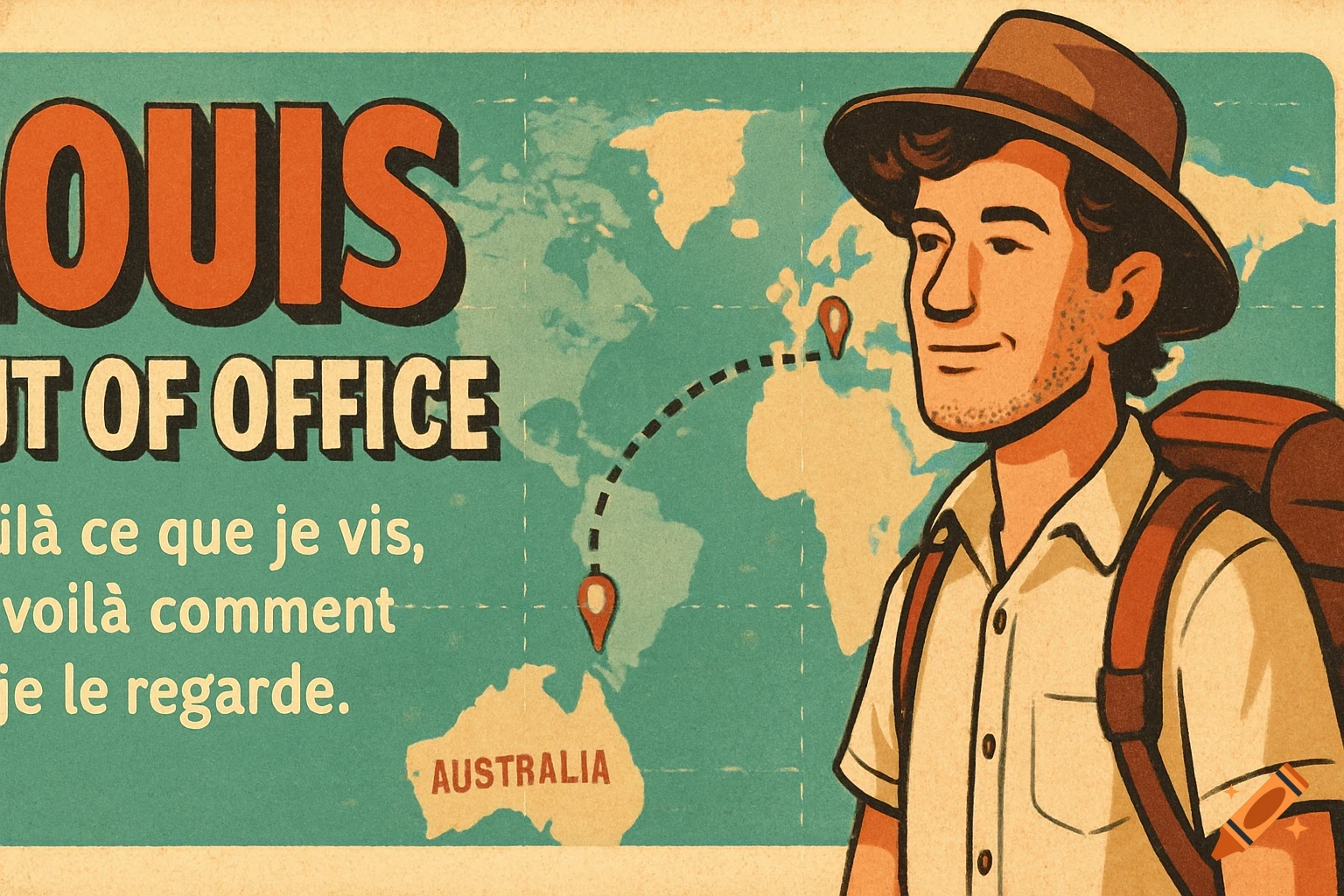 A retro-style travel poster with a man in a hat and backpack against a world map, with text that reads 'OUT OF OFFICE' and 'voilà ce que je vis, voilà comment je le regarde.'