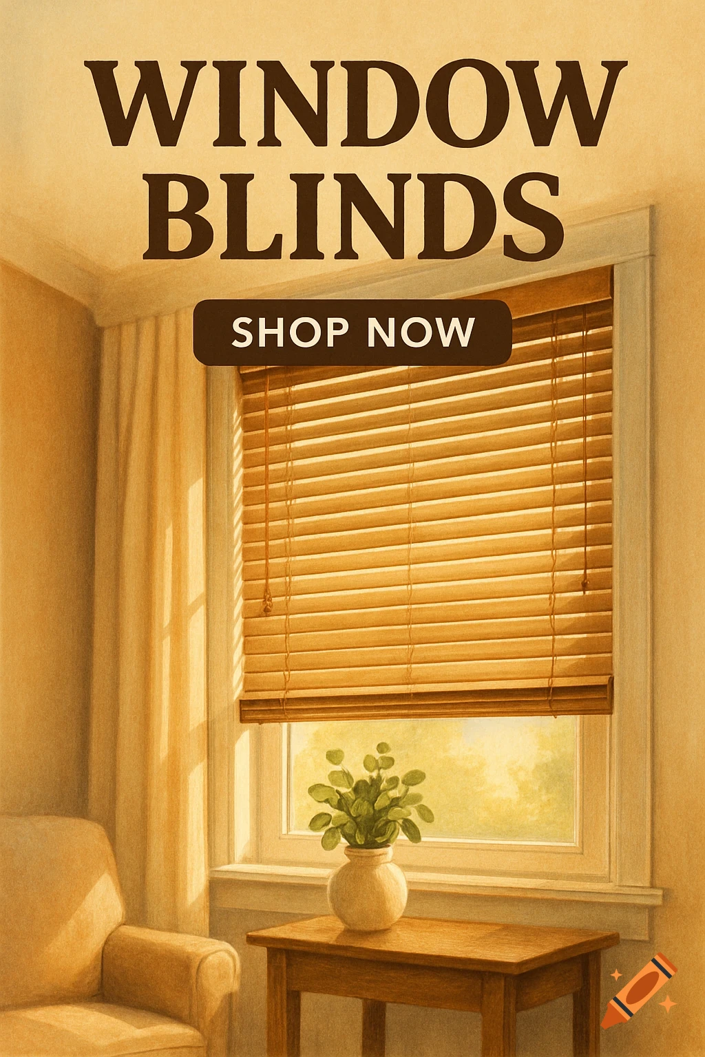 Digital advertisement featuring window blinds on a window, a potted plant on a table, and a chair, with 'WINDOW BLINDS' and 'SHOP NOW' text.