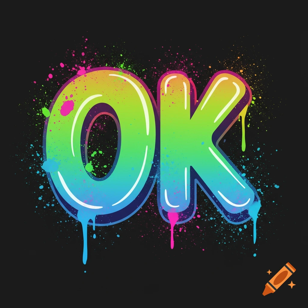 Stylized text 'OK' in a vibrant, colorful, graffiti-style font with paint splatters and drips on a black background.