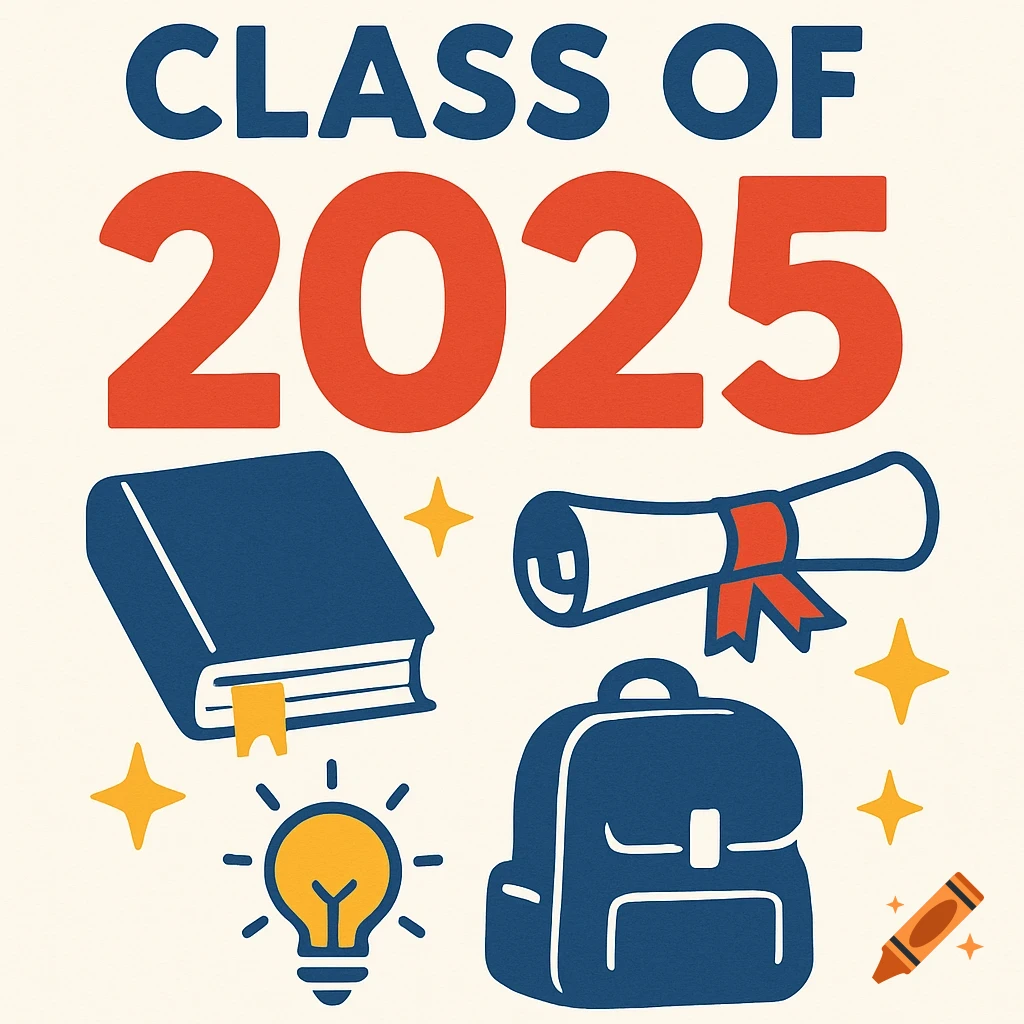 Graphic illustration with 'CLASS OF 2025' text, a book, diploma, lightbulb, and backpack on a cream background.