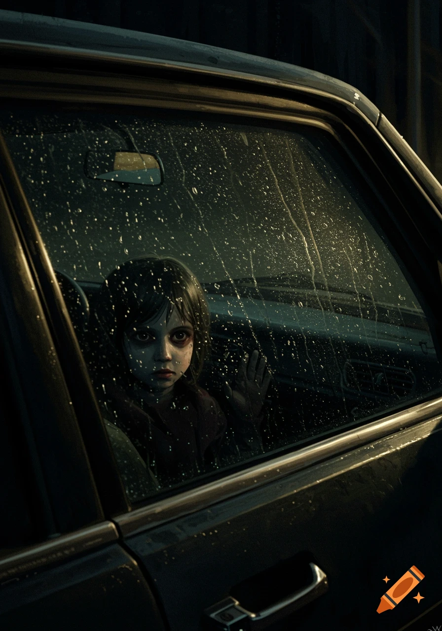 A child's pale face with dark eyes looks out from a rain-streaked car window at night.