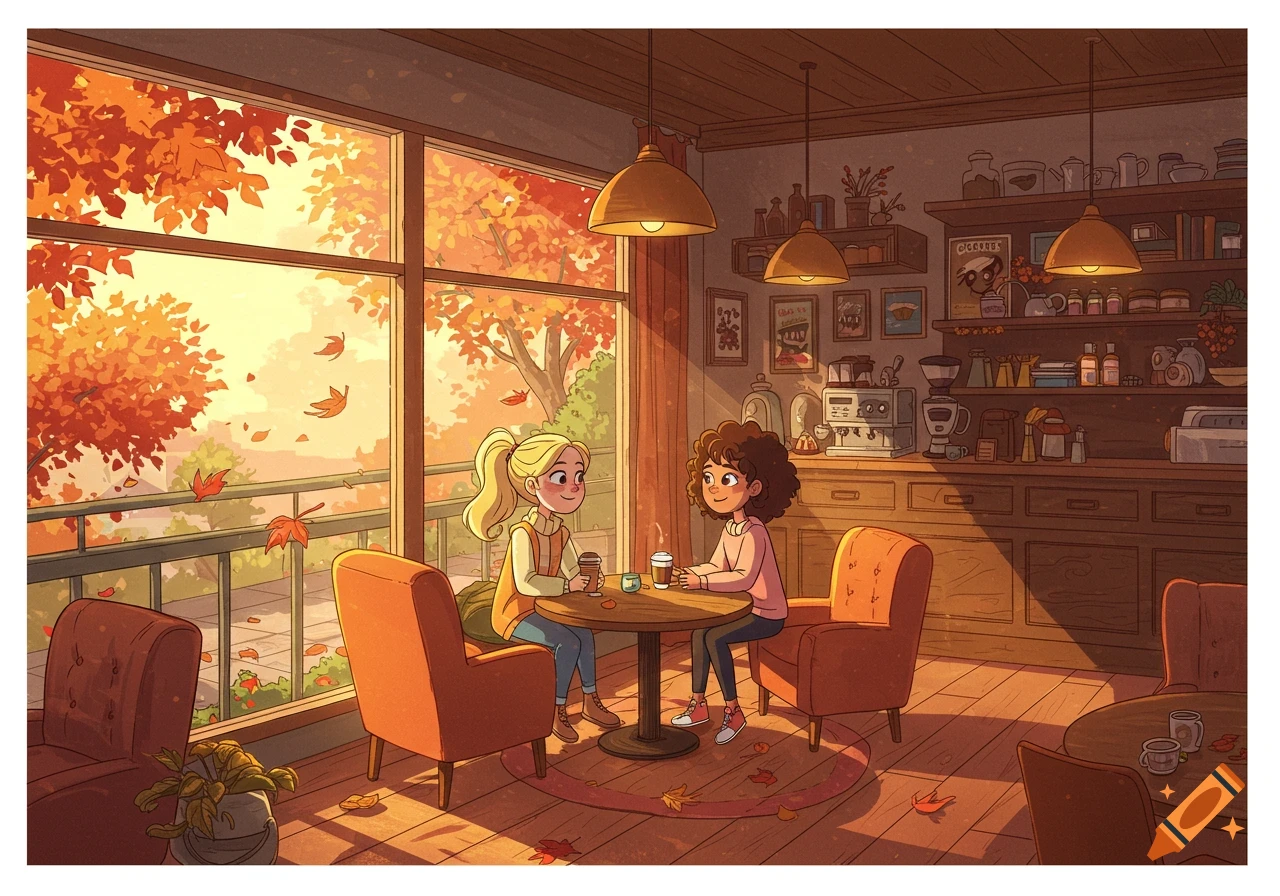 Two cartoon girls talk at a table in a cozy coffee shop with autumn leaves visible outside large windows.