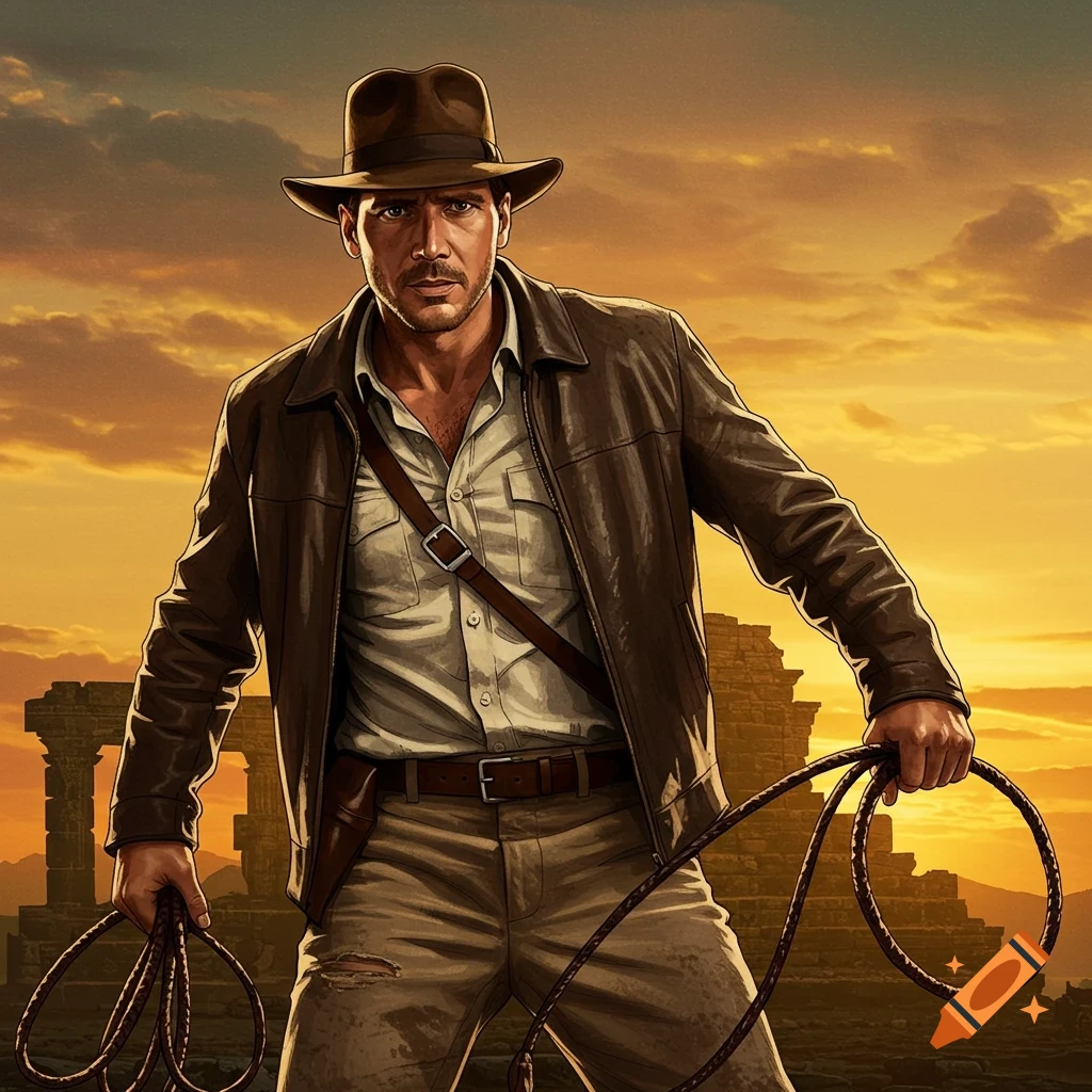 Illustrated man resembling Indiana Jones, in hat and jacket, holding whips against a sunset sky over ruins.