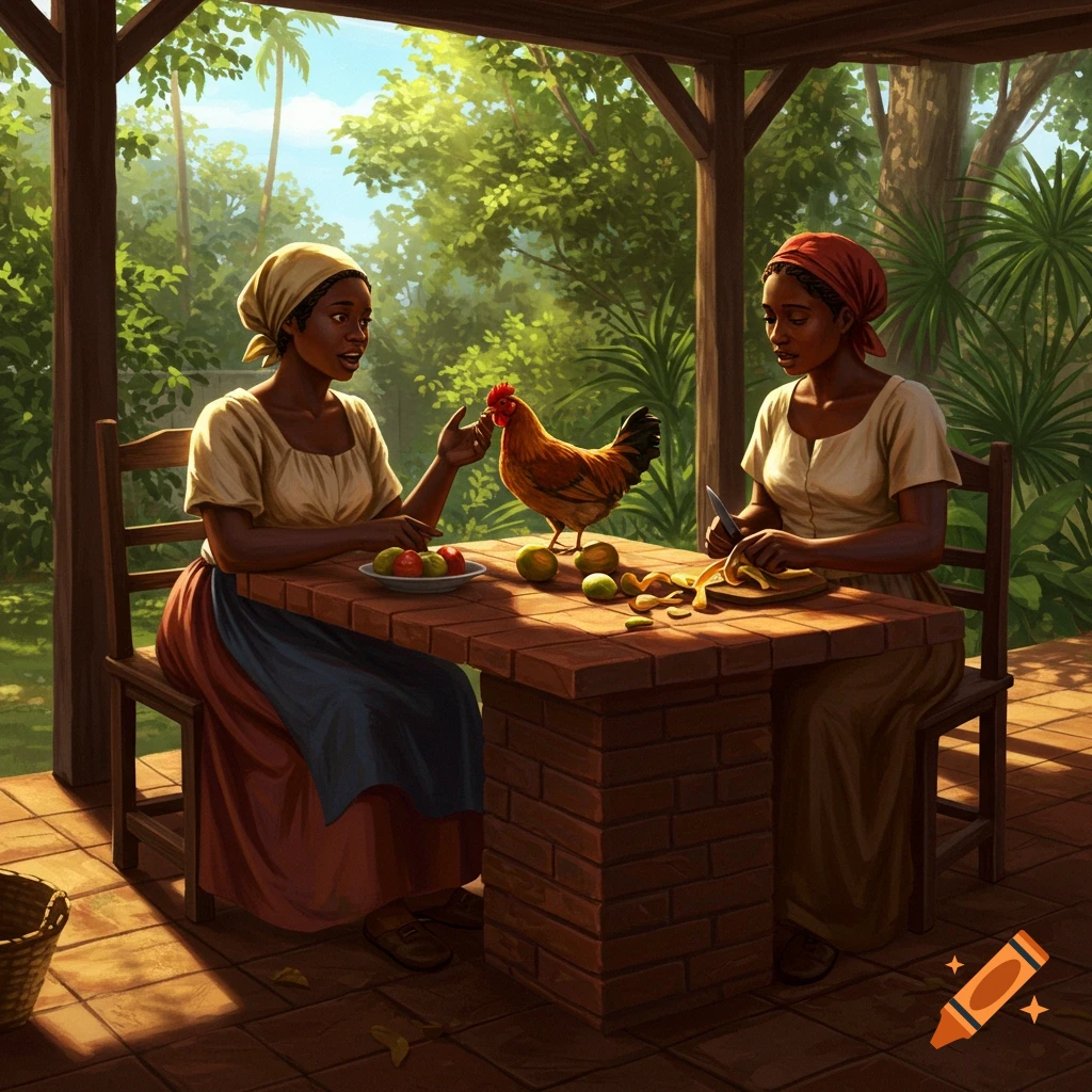 Two Black women in traditional attire at a brick table on a patio. One gestures toward a rooster, the other peels fruit. Lush greenery surrounds them, in a painted style.