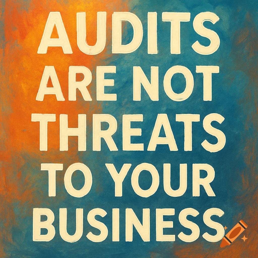 Text reads 'Audits are not threats to your business' on a textured orange and blue background.