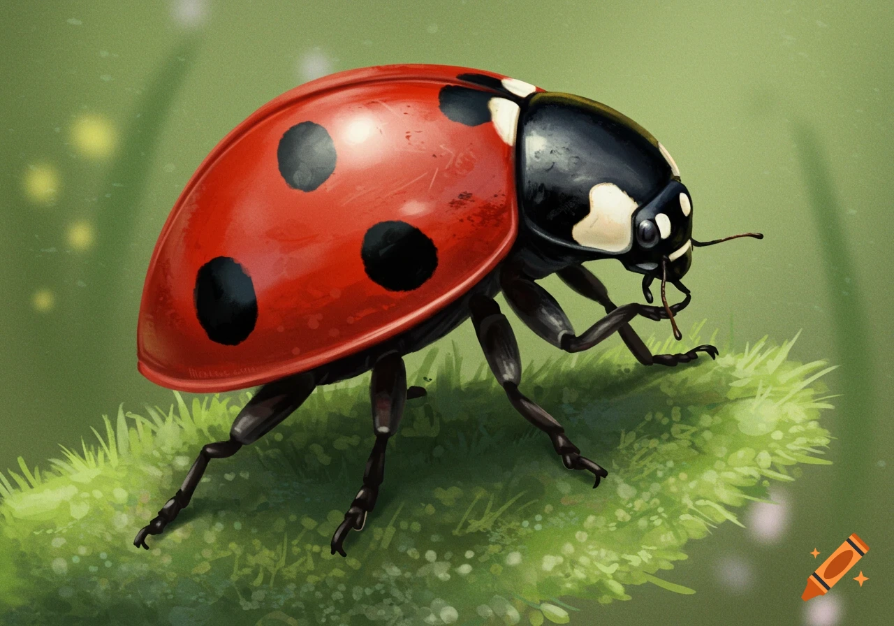 A detailed illustration of a red ladybug with black spots on a green leaf, with antennae and legs visible.