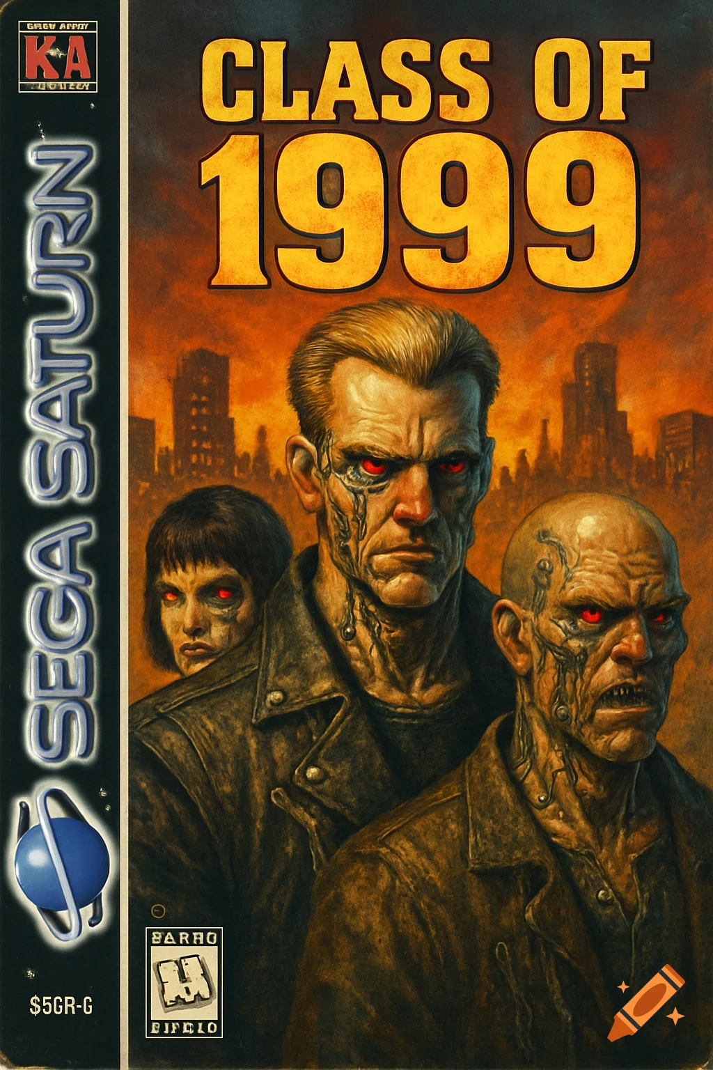 Cover art for a Sega Saturn game titled 'Class of 1999' featuring three menacing cyborg-like figures with glowing red eyes against a burning cityscape.