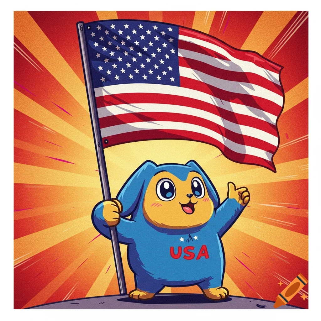A blue and yellow cartoon character holds a large American flag and gives a thumbs up. The background is red and orange rays.