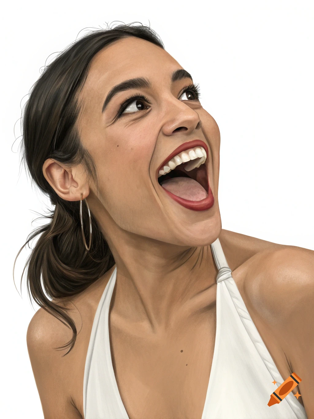 A stylized portrait of a woman with dark hair in a ponytail, wearing a white halter top, laughing with her mouth wide open and looking upwards.