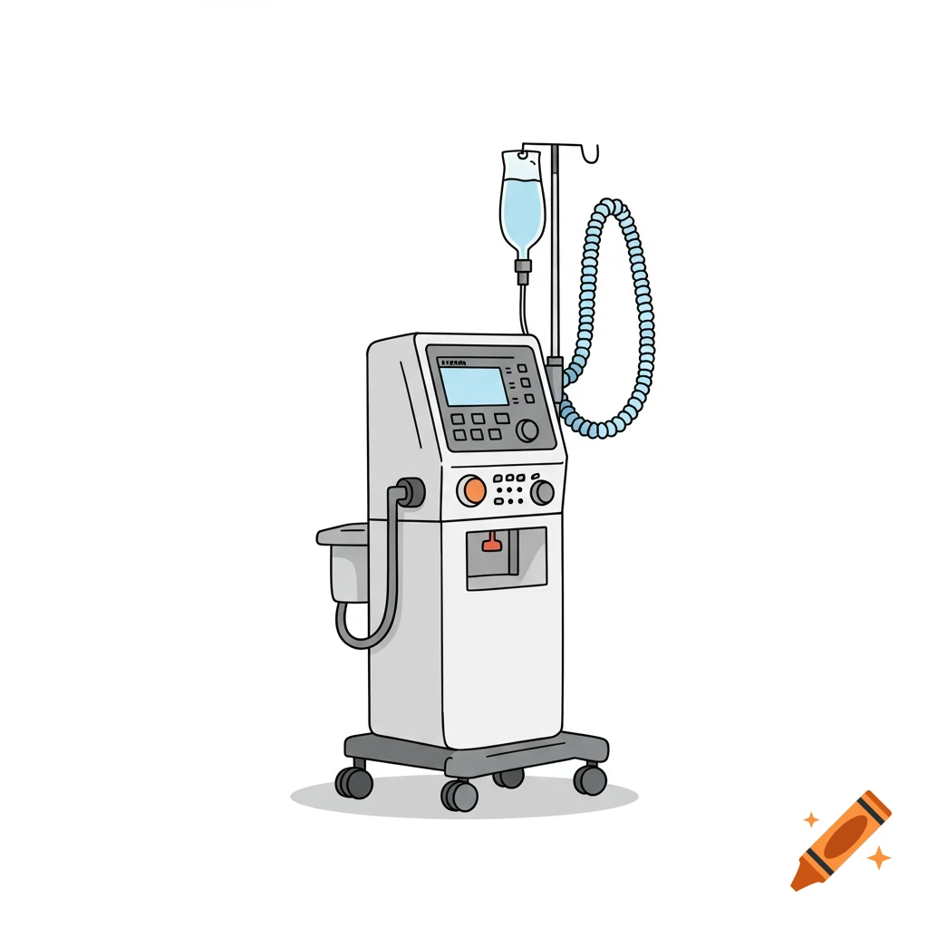 A clipart drawing of a medical ventilator machine with an IV drip stand on a white background.