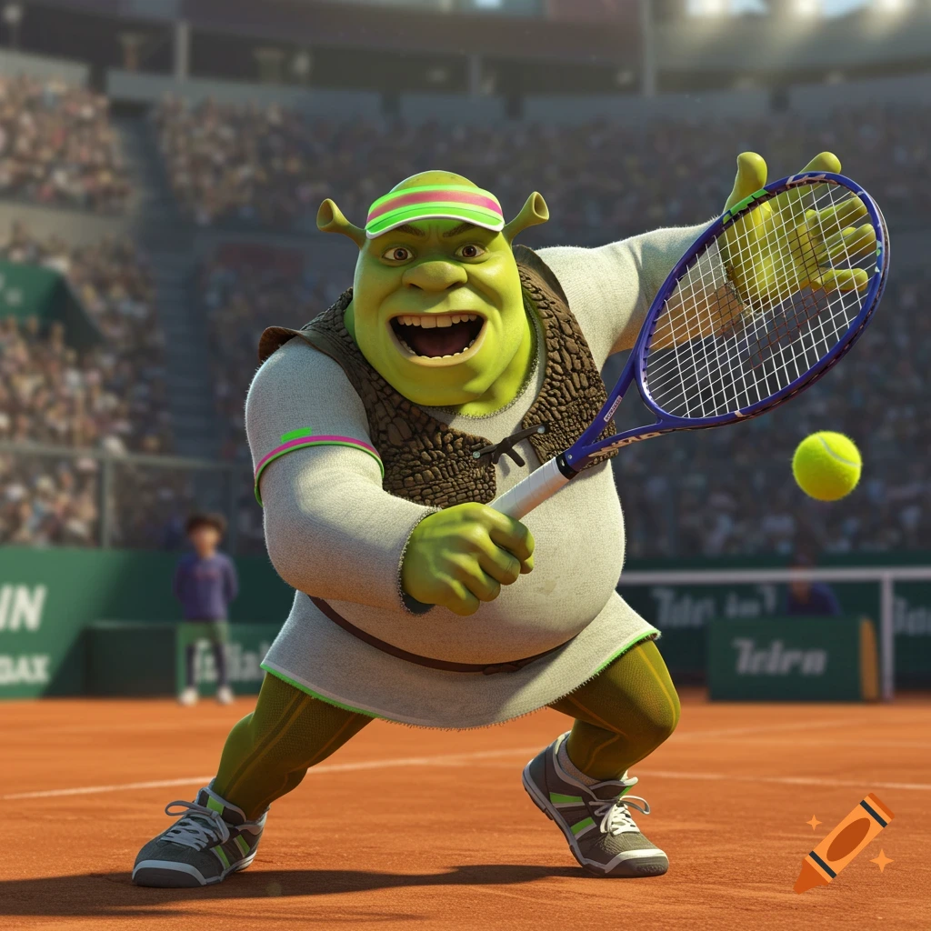 Shrek, the green ogre, in a tennis outfit, lunges forward on a clay court with a tennis racket, about to hit a tennis ball. He wears a green and pink visor and has a wide, open-mouthed expression. A blurred tennis stadium crowd is in the background.