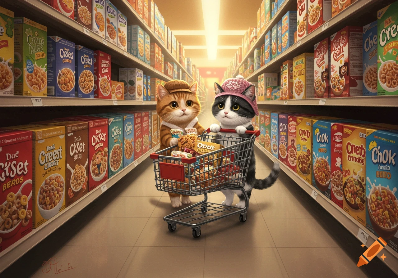 Two anthropomorphic cats push a shopping cart filled with groceries down a brightly lit cereal aisle in a supermarket.