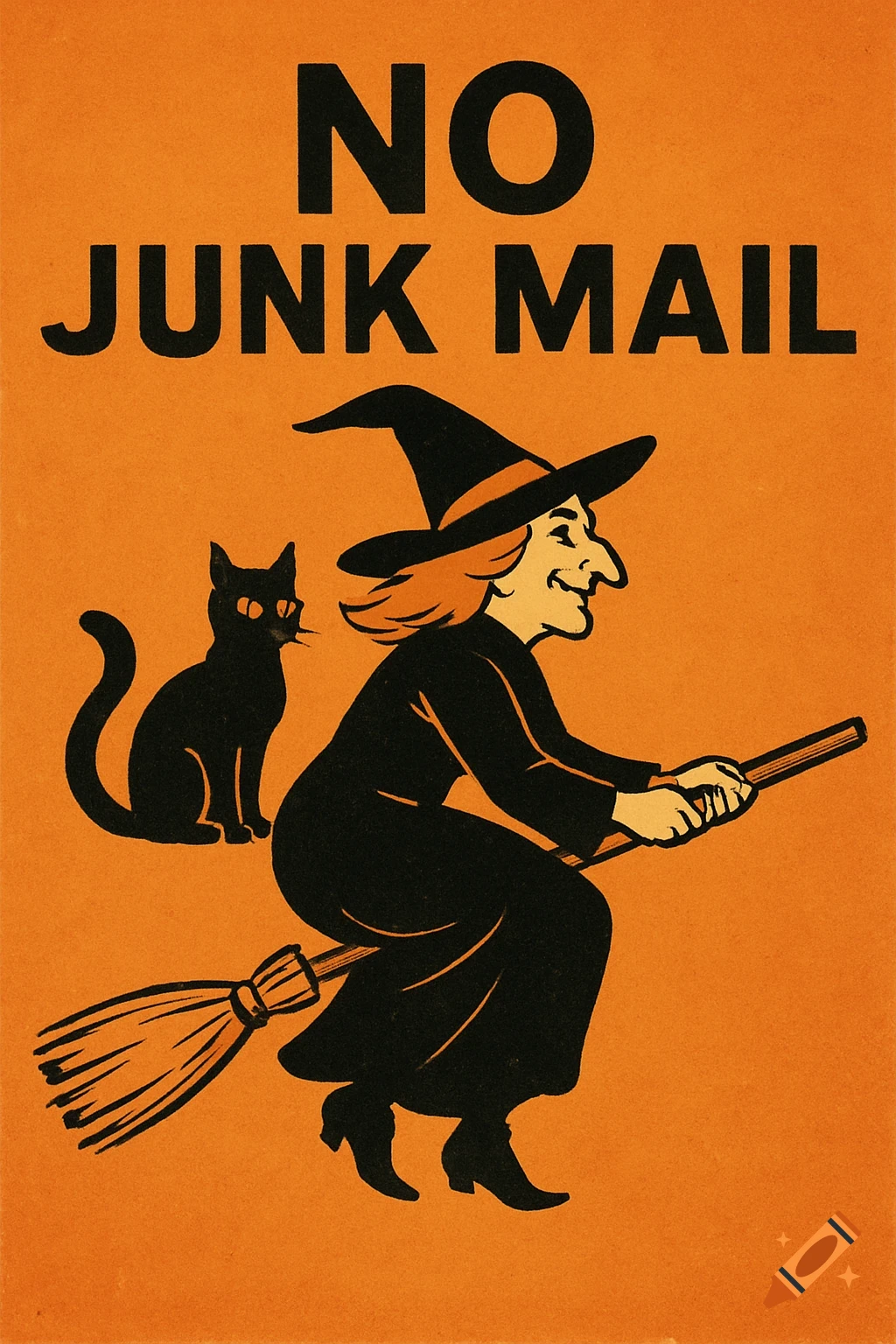 A vintage cartoon Halloween poster on an orange background showing a witch flying on a broomstick with a black cat, and the words 'NO JUNK MAIL'.