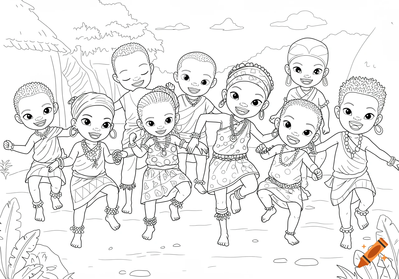 Line art of happy African children in traditional attire dancing, designed for a coloring book.
