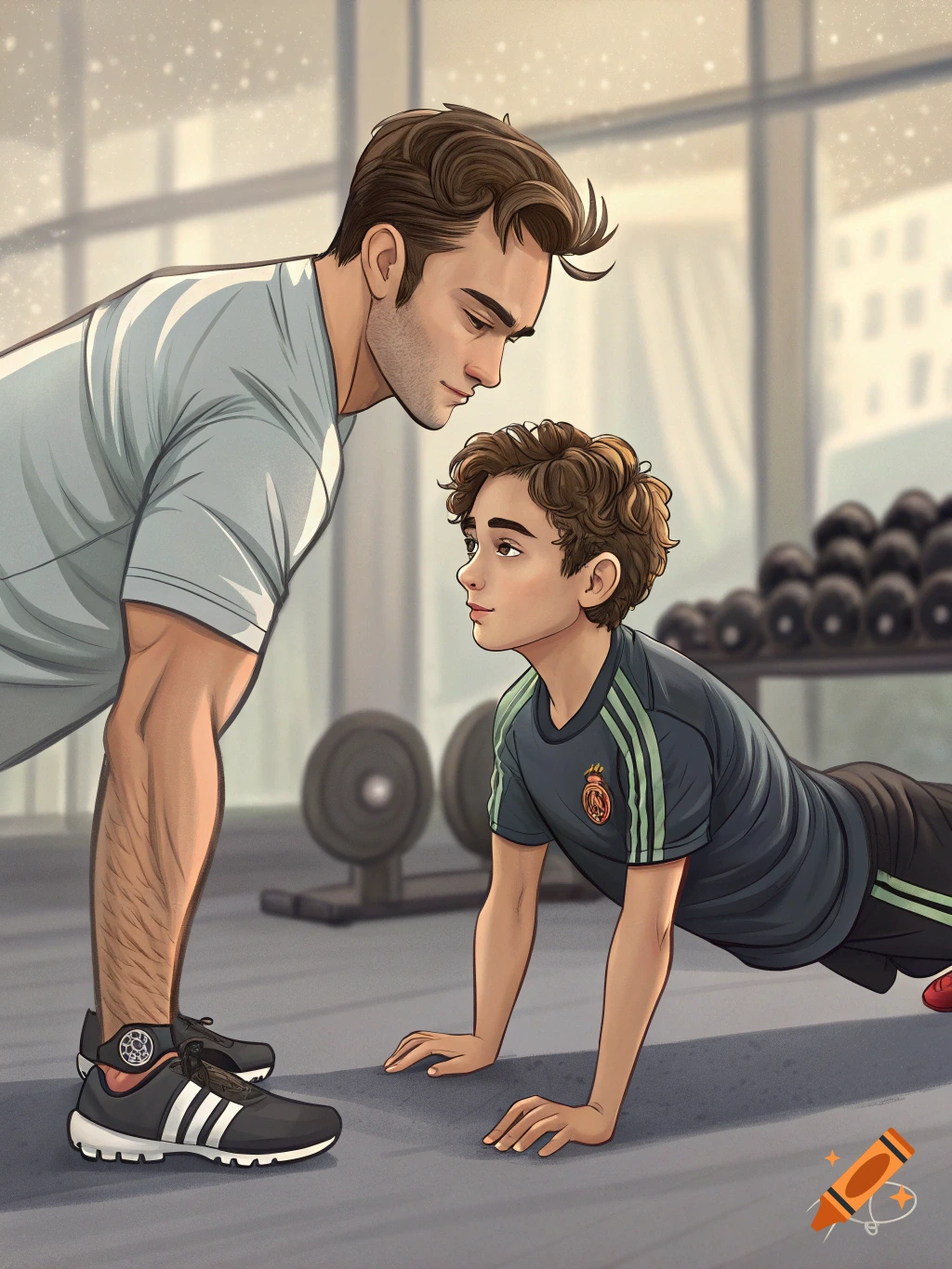 An adult man supervises a younger boy doing pushups in a gym, rendered in a cartoon style.