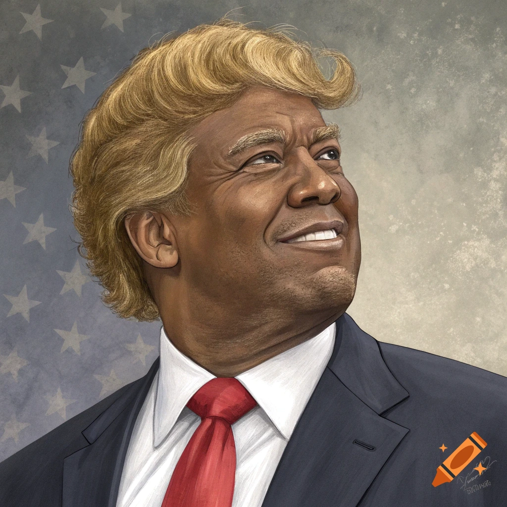 A painting of a person resembling Donald Trump with dark skin and blonde hair, wearing a suit and red tie, against a faded American flag background.