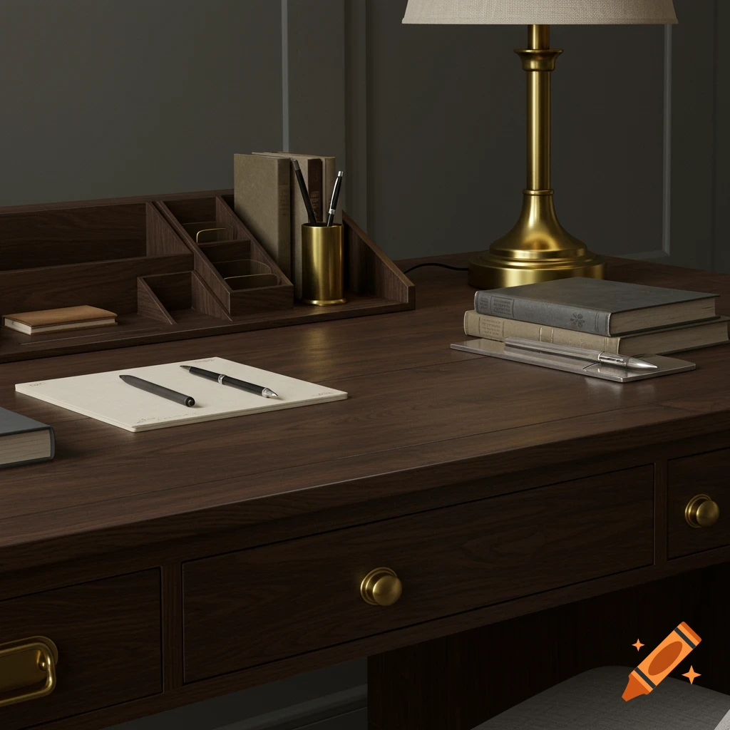 Close-up of a sophisticated dark wood office desk with a brass lamp, stack of books, and pens on paper.