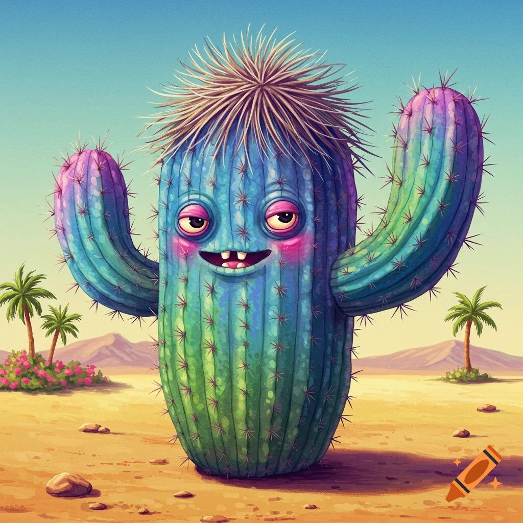 A whimsical, cartoon cactus with spiky hair and a goofy smile stands in a colorful desert landscape with palm trees.