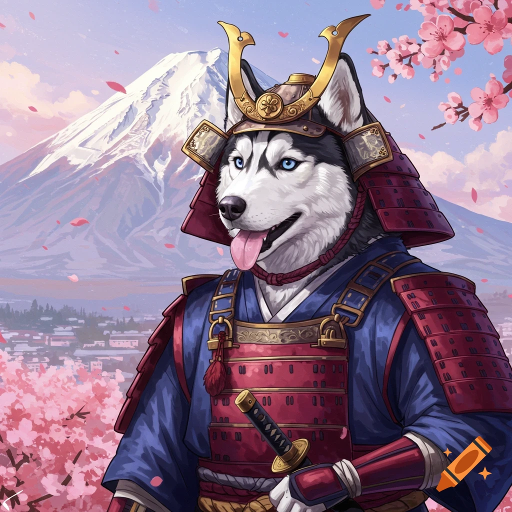 A husky in samurai armor with Mount Fuji and cherry blossoms in the background, illustrated.