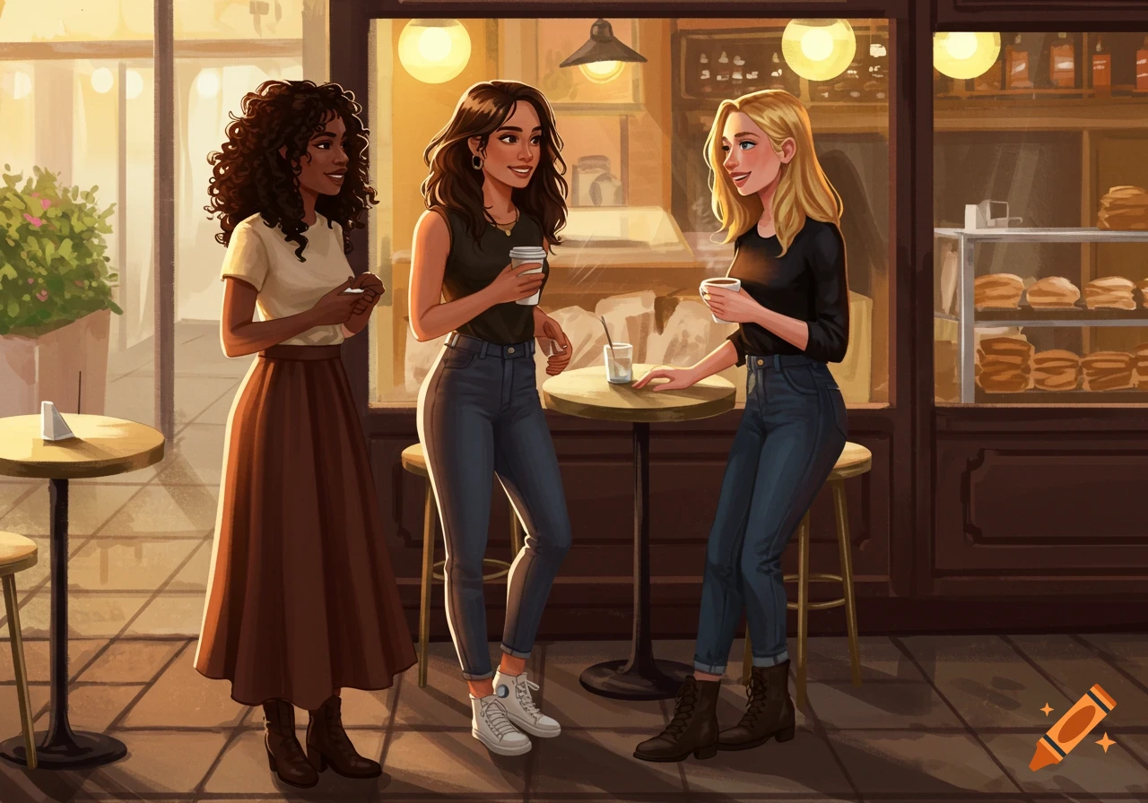 Three illustrated women chat in a warm-lit cafe, two holding coffee cups, one looking at her phone.